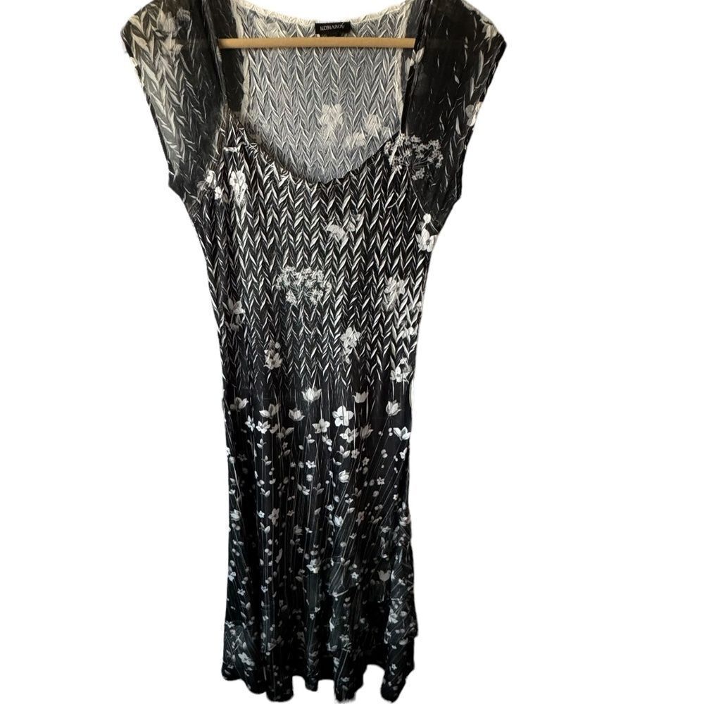 Komarov Midnight Vine Black Print Chiffon‎ Whiskered Floral Midi Dress Sz XS